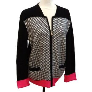 Jones of New York Signature Cardigan Black Sleeves Black & White Check Pink Trim